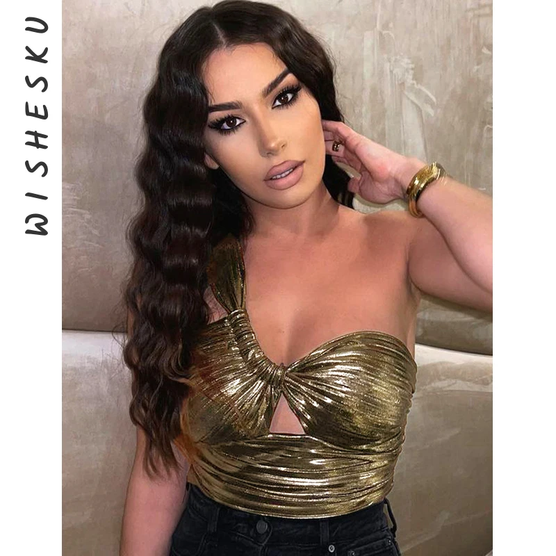 

Sexy Slant Shoulder Sleeveless Bodycon Crop Tops Women Bright Ruched Cut Out Corset Top 2022 Summer Harajuku E-girl Y2K Clothes