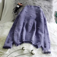 female new computer knitted thick tops autumn winter women polka dot sweater casual solid colors o neck sweater loose pullovers