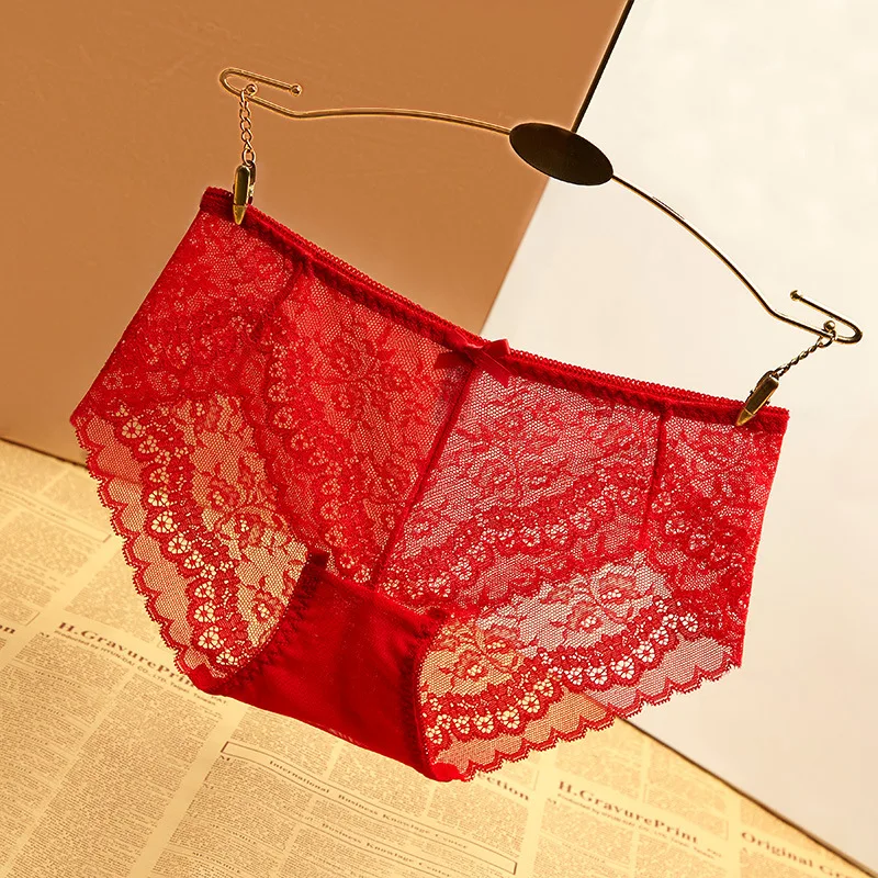 

Seamless Low Waist Cotton Crotch Hollow Temptation Women's Pants Lace Mesh Transparent Sexy Underwear Women