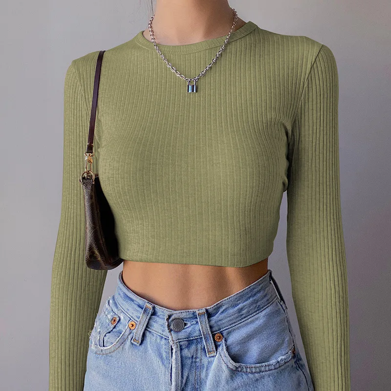 

Women Solid color slim-fitting short long-sleeved T-shirt knitted casual skinny top internal base T shirts knitting t shirt tops