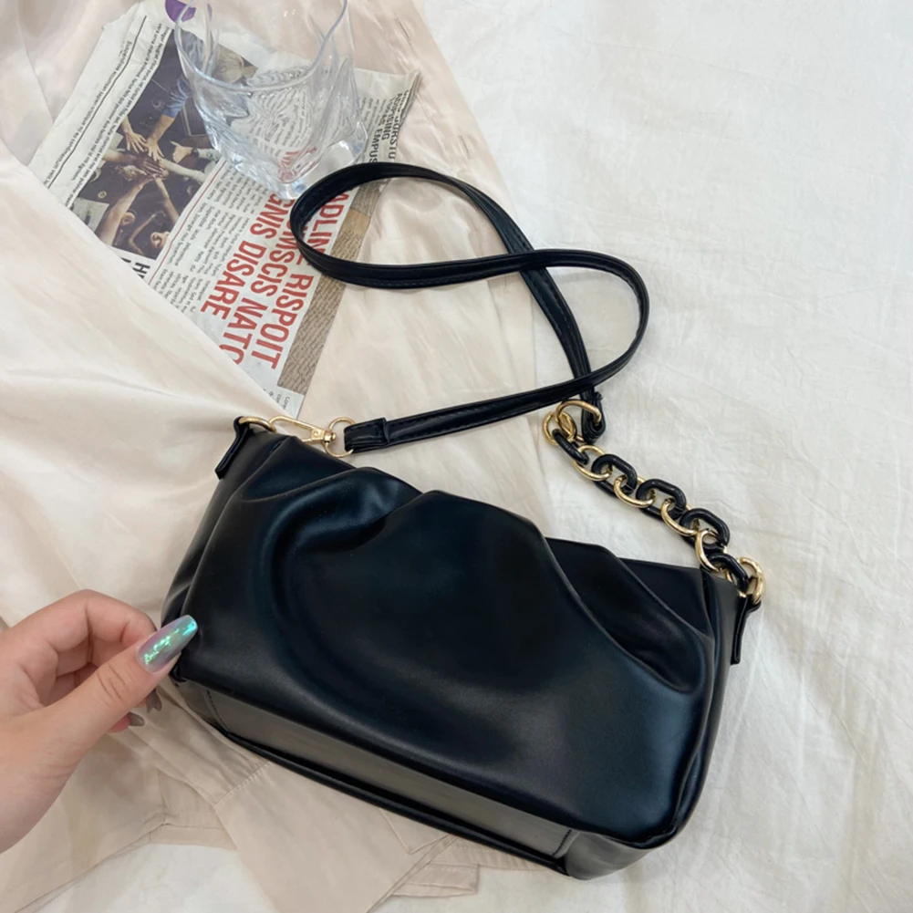 

Fashion Pleated Crossbody Shoulder Bag For Women PU Leather Elegant Messenger Bag Casual Ladies Chain Solid Color Handbags Purse