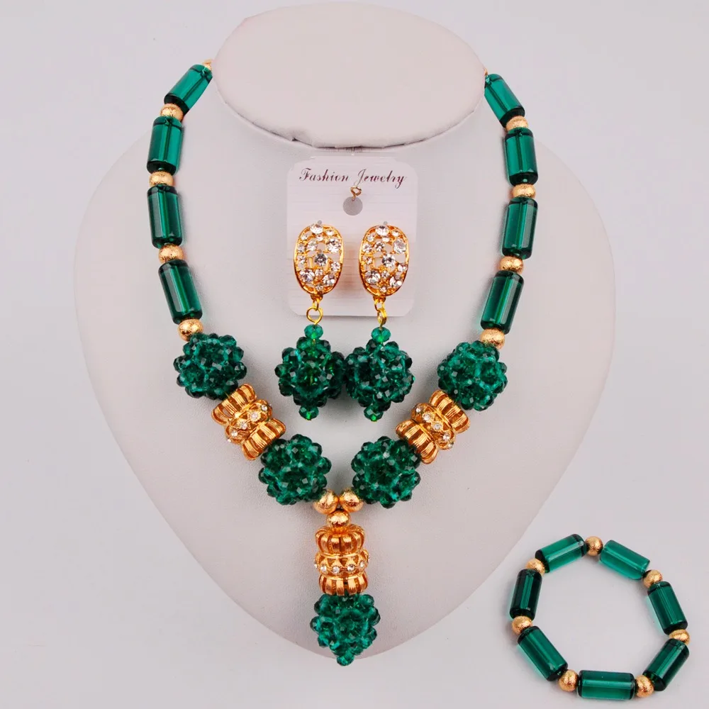 Graceful Teal Green Nigerian Traditional Wedding Beads Necklace African Jewelry Set for Women ZQ7-5