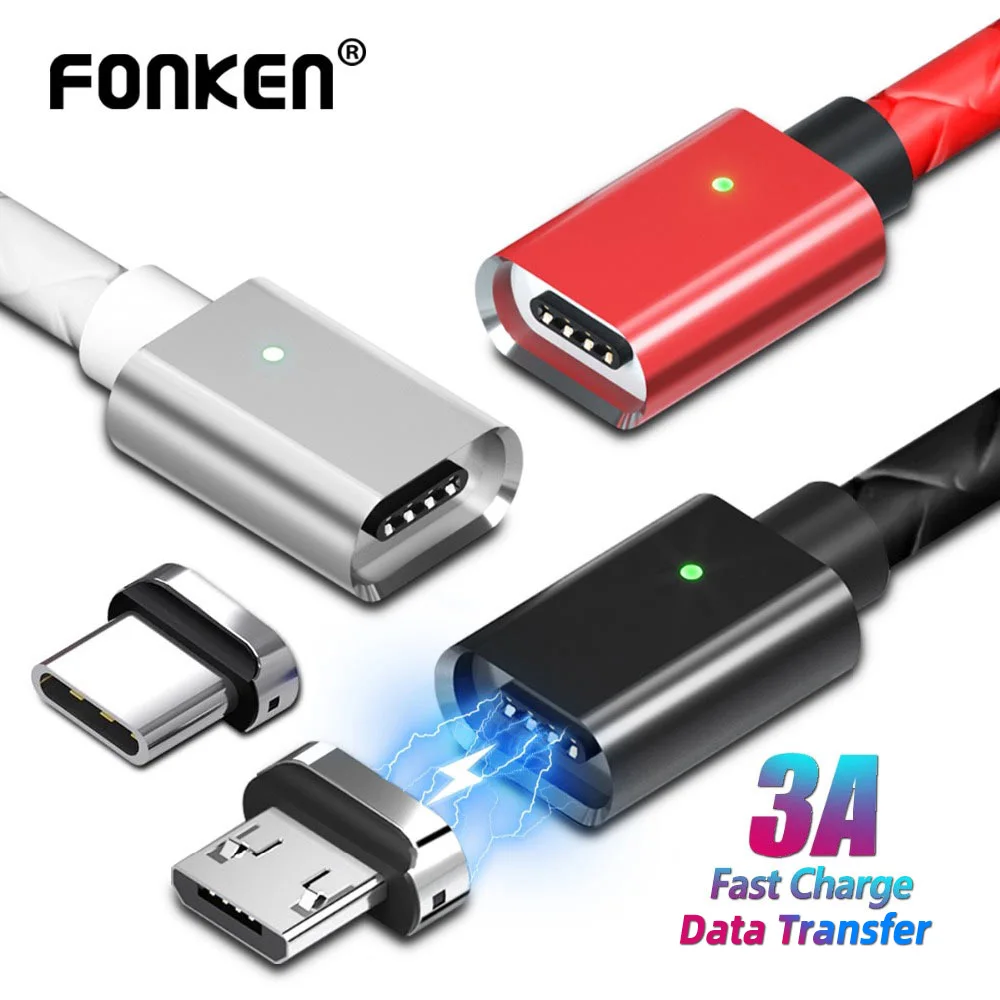 Кабель Micro USB FONKEN, магнитный кабель 3A, быстрая зарядка, 1 м, 2 м, Android, мобильный, быстрая зарядка, магнитный шнур, Пылезащитная заглушка, шнур для передачи данных для телефона