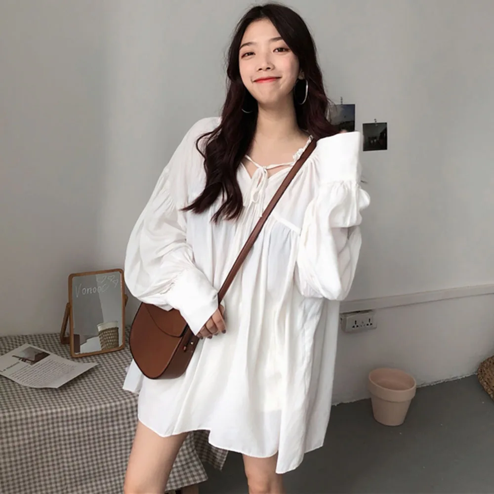 

Japan Style Blouse Spring Summer Korean Fashion Loose Loose Temperament Solid Color Simple Lantern Sleeve V-neck 2021