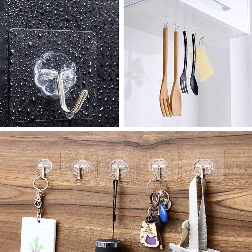 

20Pcs/Set Transparent Seamless Self Adhesive Hook Load Bearing 10KG Waterproof Strong Stick Hook Bathroom Kitchen Wall Hanger