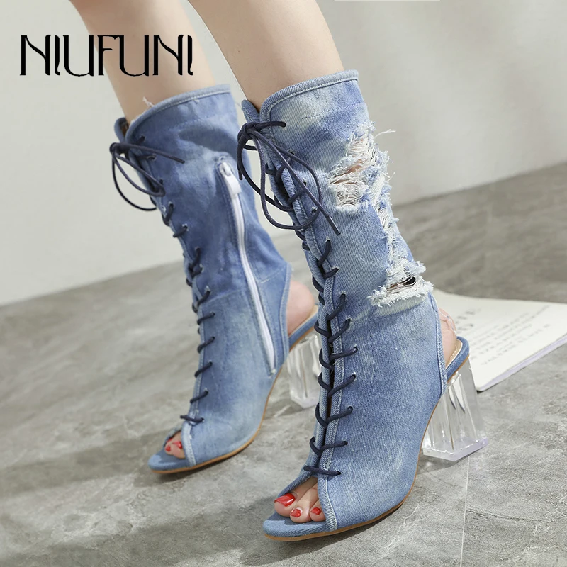 

NIUFUNI Fashion Women's Shoes Peep Toe Lace Up Denim Women's High Boots Zipper Exposed Heel Transparent Crystal High Heels Party
