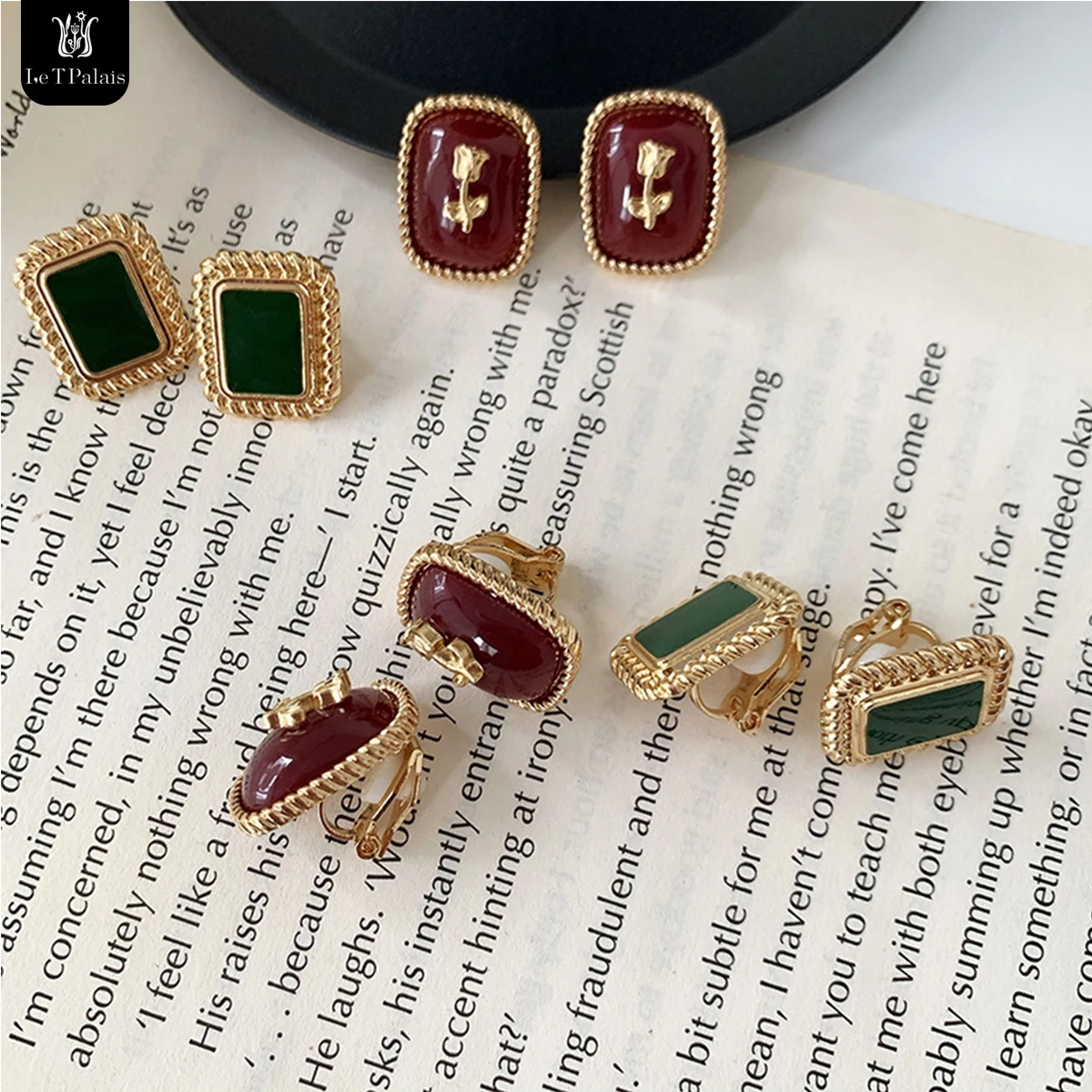 

Le T Palais 925 Silver Needle Wine Red Rose Stud Earrings Vintage Geometric Earrings Dripping Oil Green Non-Piercing Ear Clip