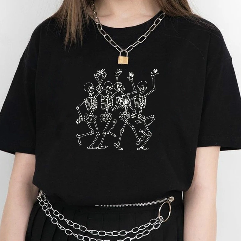 

Four Skeleton Dancing Gothic T Shirt Female Printed Grunge Aesthetic Dark Edgy Fashion Streetwear Graphic Tee Tops Women Clothes