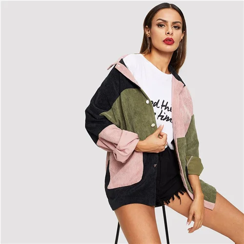 Multicolor SHEIN повседневное многоцветное пальто с карманами спереди, вельветовое однобортное пальто, Осеннее Современное женское пальто, верхняя одежда - Цвет: Multicolor