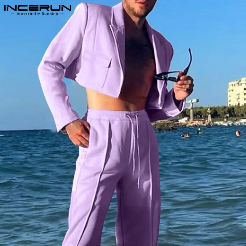 

Fashion Men Blazer Solid Color Lapel One Button Pockets Crop Coats Men Streetwear Long Sleeve Sexy Casual Thin Suits 5XL INCERUN