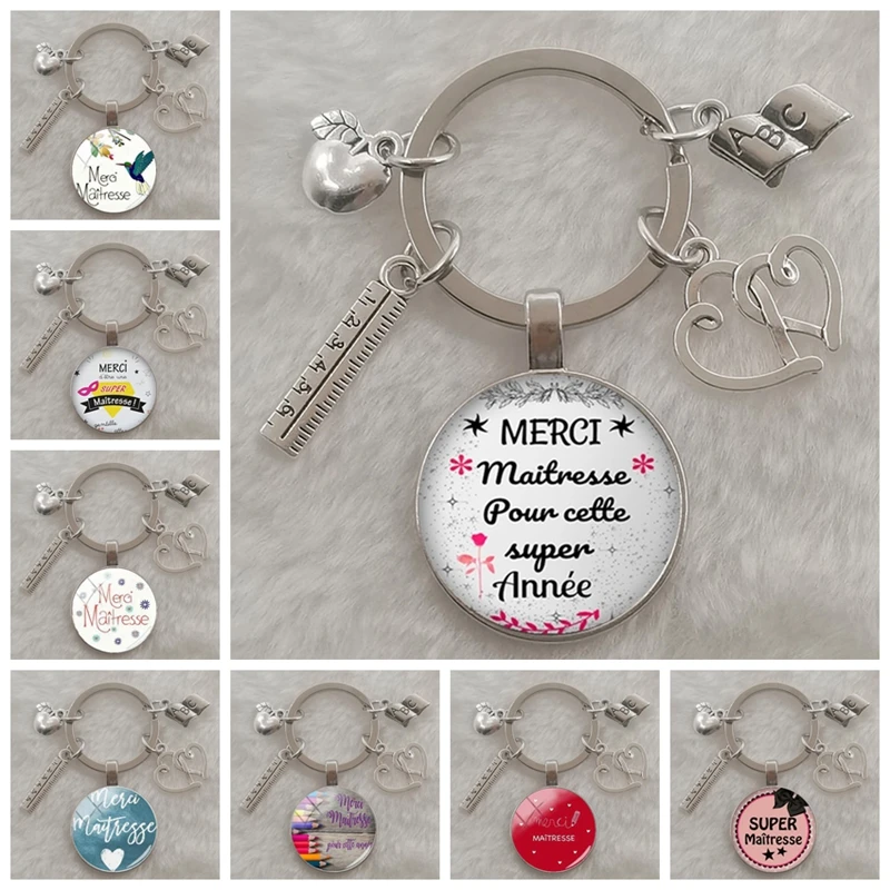 Fashion merci maitresse French word 25 mm glass cabochon dome DIY jewelry making keychain | Key Chains