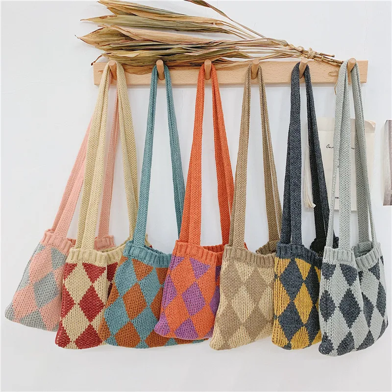 

Children Kids Autumn Winter Mini Small Bag Cute Wool Knitted Braid Rhombus Solid Coin Purse Fashion Accessories Gifts Wholesale