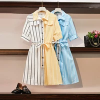 ehqaxin summer striped short sleeved color matching womens dress casual elegant tie dress shirt loose lapel design l 2xl