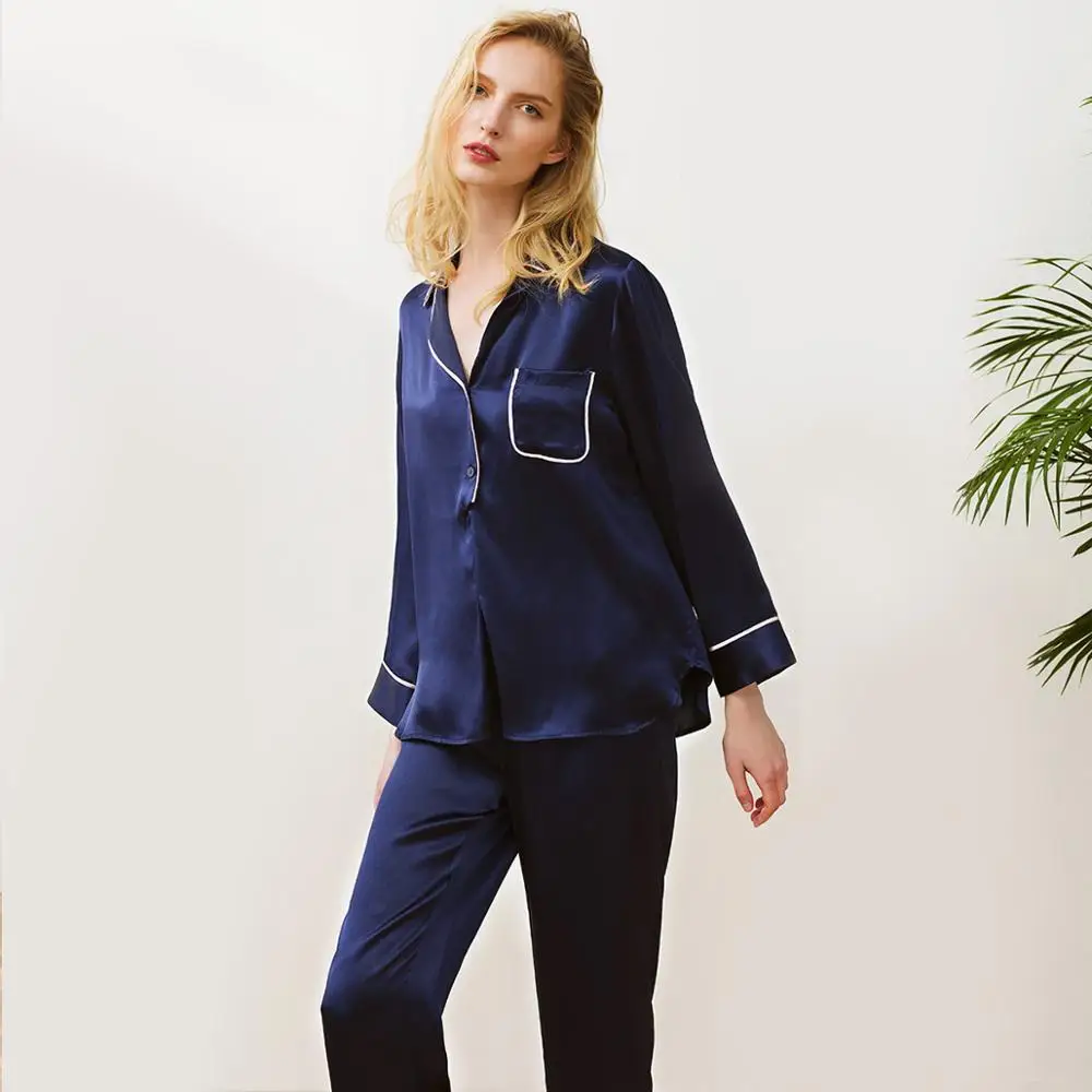 100% silk women sleepwear,girl long sleeve sleep shirts and pants in dark blue pink solid color,luxury advance women pajamas set