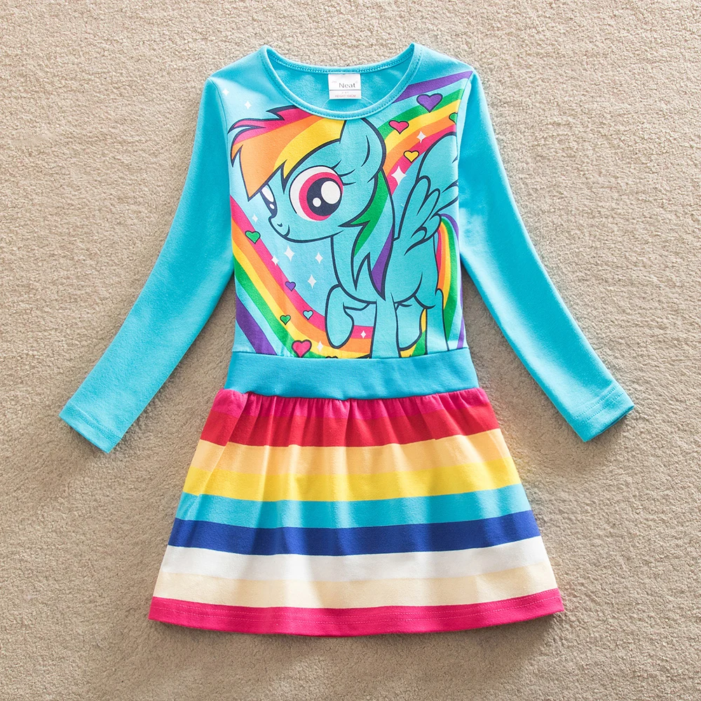 JUXINSU My Baby Girls Little Pony Cartoon Girl Rainbow Long Sleeve Dresses Pony Casual Dress Autumn Winter Home Wear 1-8 Years