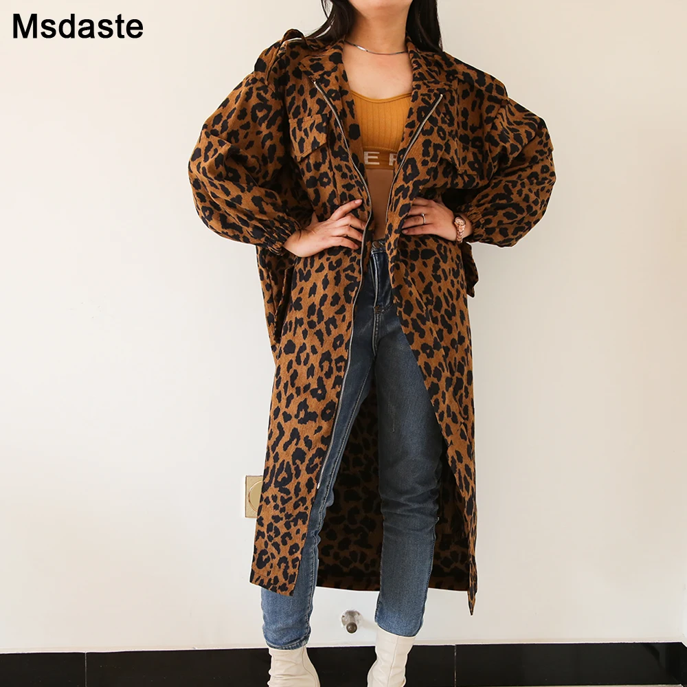 

Тренчкот женский с леопардовым принтом, Дизайнерский Модный длинный тренчкот оверсайз на молнии, уличная одежда с отложным воротником, женские куртки