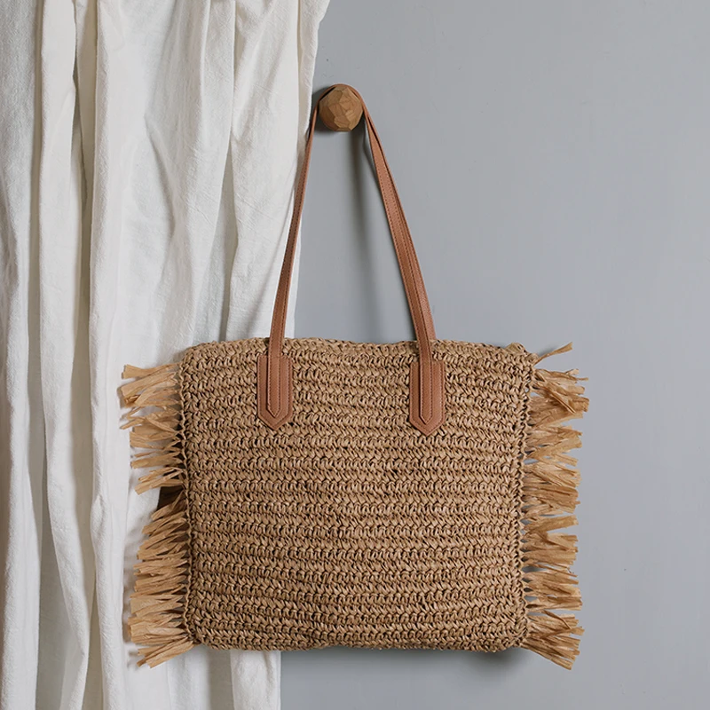 

bohemian tassel straw women shoulder bags casual wicker woven handbags summer beach rattan bags lady large capacity totes purses