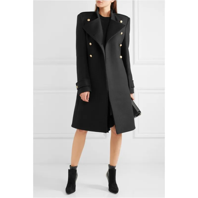 

Женское шерстяное пальто в европейском стиле, черное двубортное пальто с воротником-стойкой и длинным рукавом, верхняя одежда, новинка зимы 2019