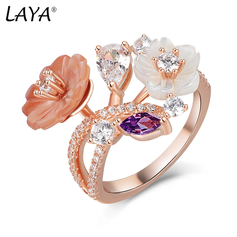 

Laya Finger Ring For Women Shining Zircon Natural Shell Flower 925 Sterling Silver Fashion Original Jewelry Wedding 2022 Trend