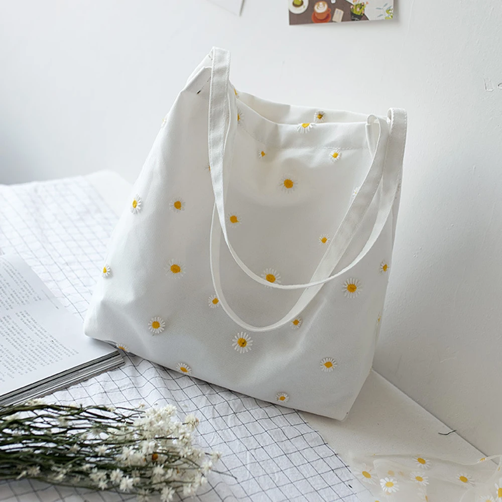 

Lace Mesh Small Daisy Canvas Mini Shoulder Bag Female Bag Cute Shopping Bag Female Eco-friendly Foldable Handbag