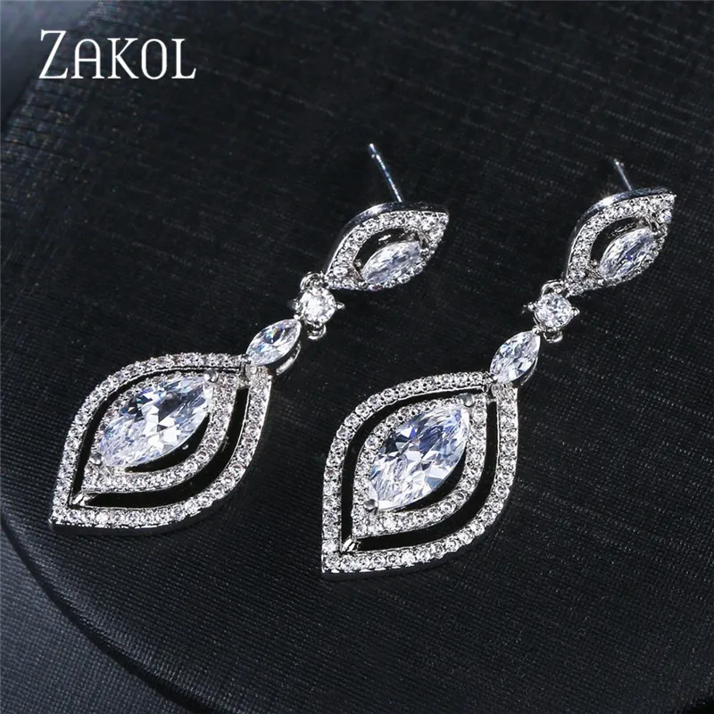 Классические серьги подвески ZAKOL с фианитом в виде маркиза полые длинные висячие
