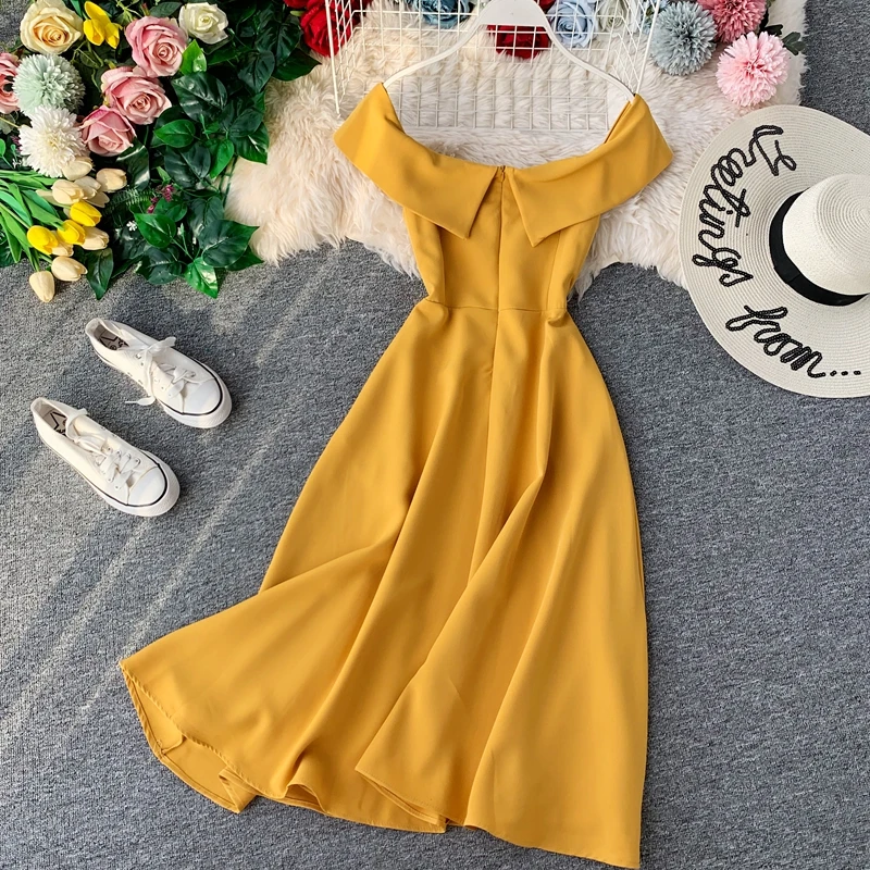 Платье-миди женское летнее Осеннее с оборками и открытыми плечами | Женская
