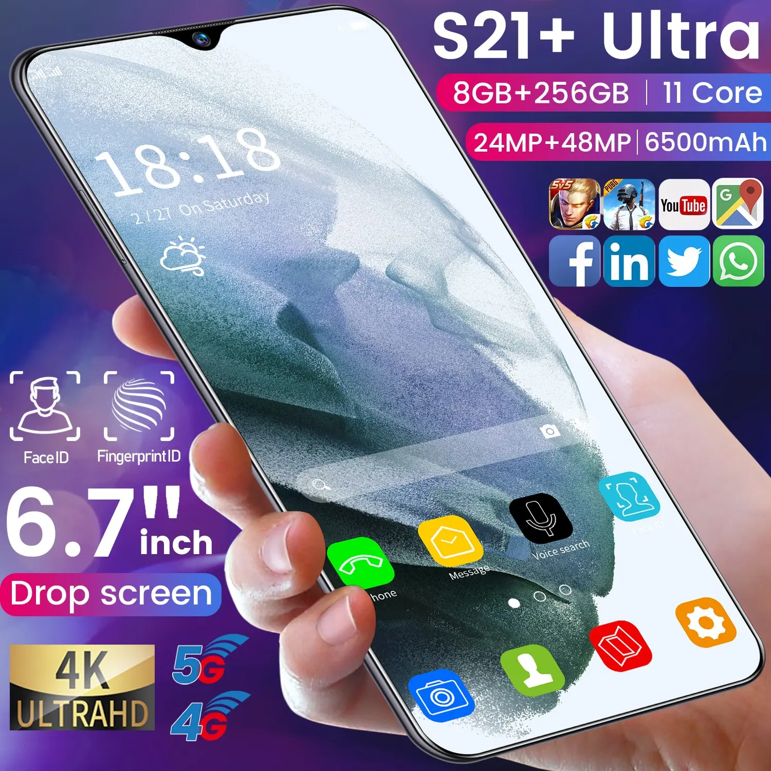 

Smartphone Andriod11 Galaxy S21+ Ultra 6.7 Inch Full Screen Face ID 256/512gb Cellphones 24 + 48mp 6500mah Core 5g Smartphones