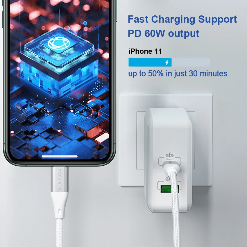 Настенное зарядное устройство USB C 60 Вт PD/QC 3 0 2 порта адаптер питания для быстрой