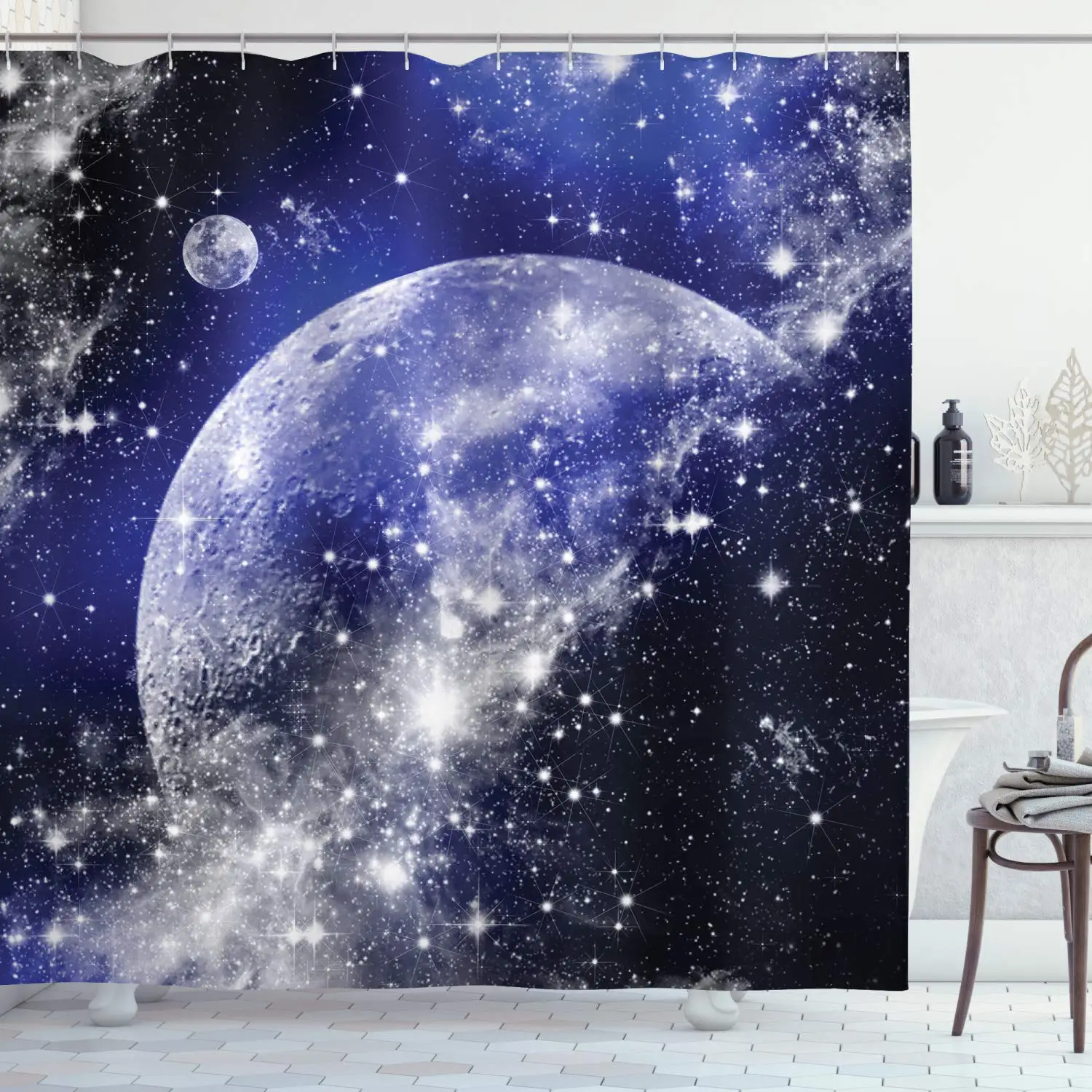 Темно синяя занавеска для душа Galaxy Nebula Full Moon Phase Starry Night Sky Infinity Space дома и общежитий