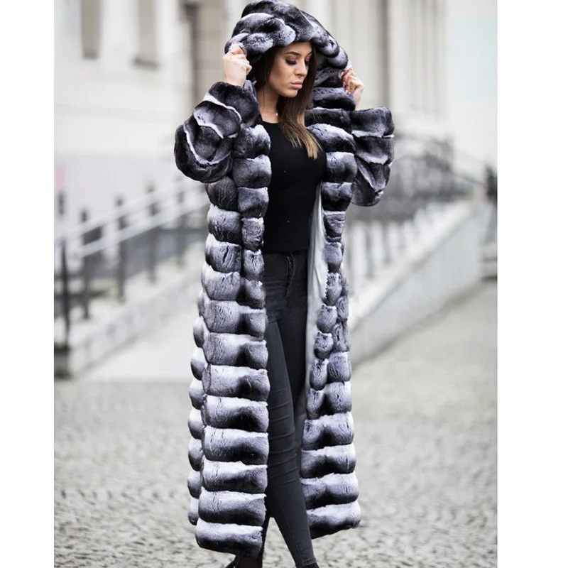 

Luxury Winter 130cm Long Real Rex Rabbit Fur Coat With Hood Chinchilla Color Natural Whole Skin Genuine Rex Rabbit Fur Overcoats