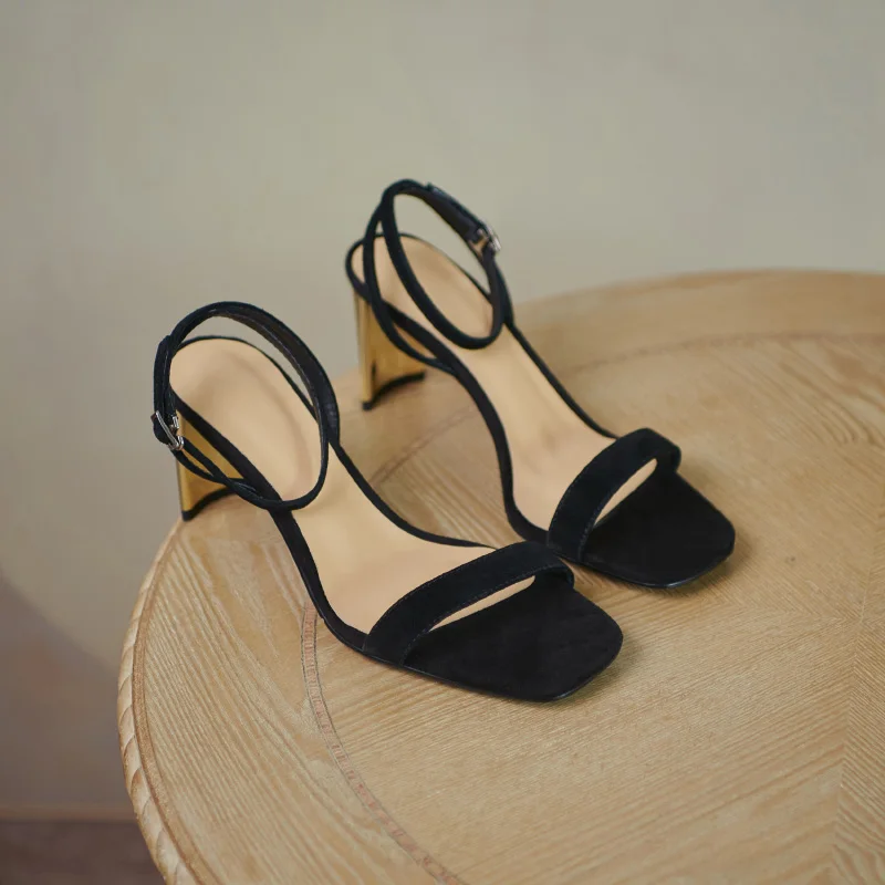 

Hot sale women sandals natural leather summer shoes 22-24.5cm Sheep suede upper high heel buckle sandalias de las mujeres