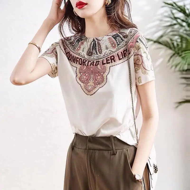 

Short sleeve women's 2021 new versatile fashion print loose white T-shirt women's summer women's top