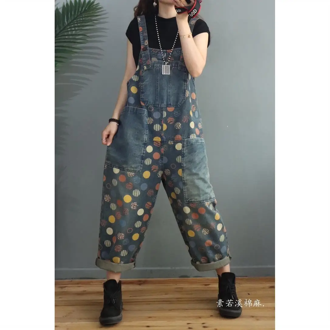 

European new wave dot printing denim strap pants women's spring and summer loose and versatile fashion age reducing casual pants