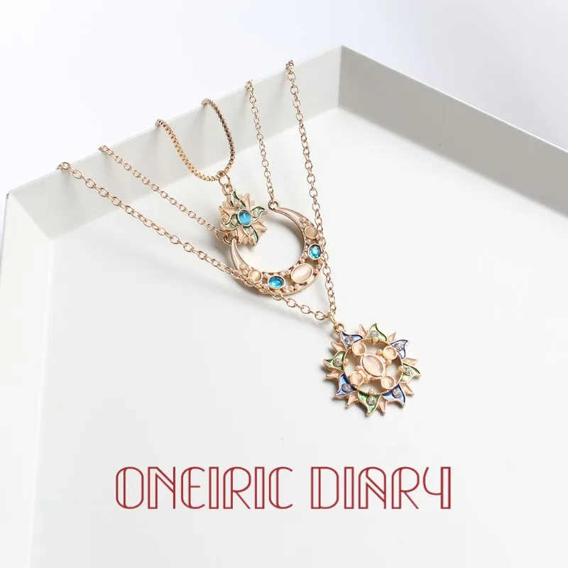 

ONEIRIC DIARY Bohemian Vintage Sun Moon And Star Shining Zirconia Necklace With Long Texture and Multilayer Sweater Chain