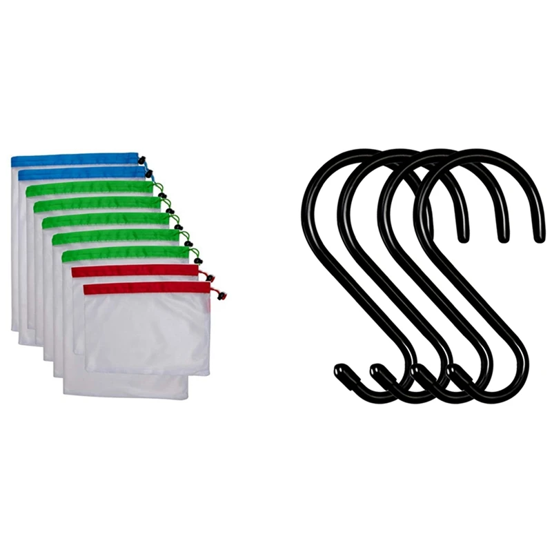 

1Set Reusable Mesh Produce Bags With Drawstring & 4 Pack Large Vinyl Coated S Hooks 6 Inch Non Slip Heavy Duty S Hook