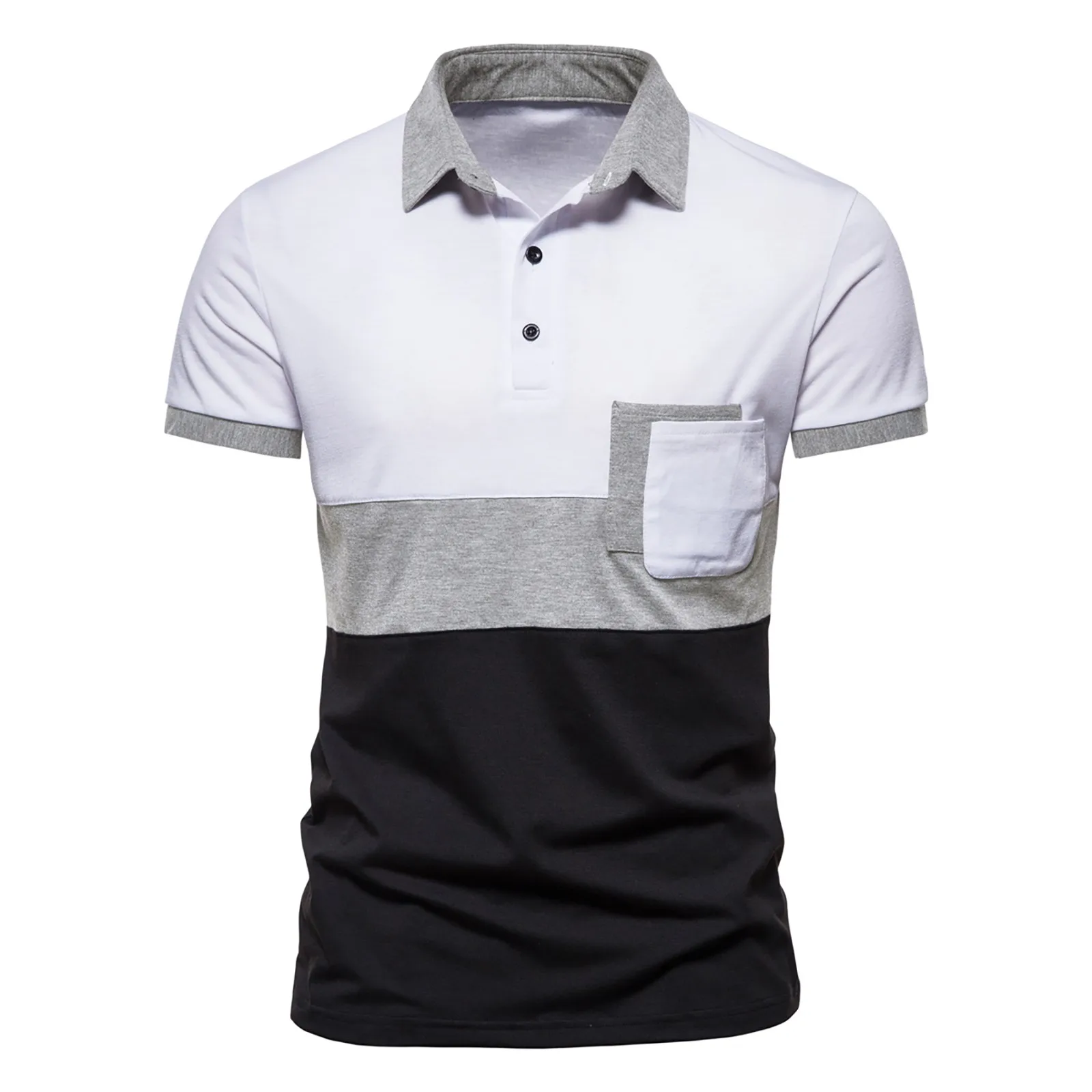 

Men's Shirt Fashion Color Blocking Splicing Pockets Casual Button Lapel Short-sleeved T-shirt Males Office Slim Breathable Tops