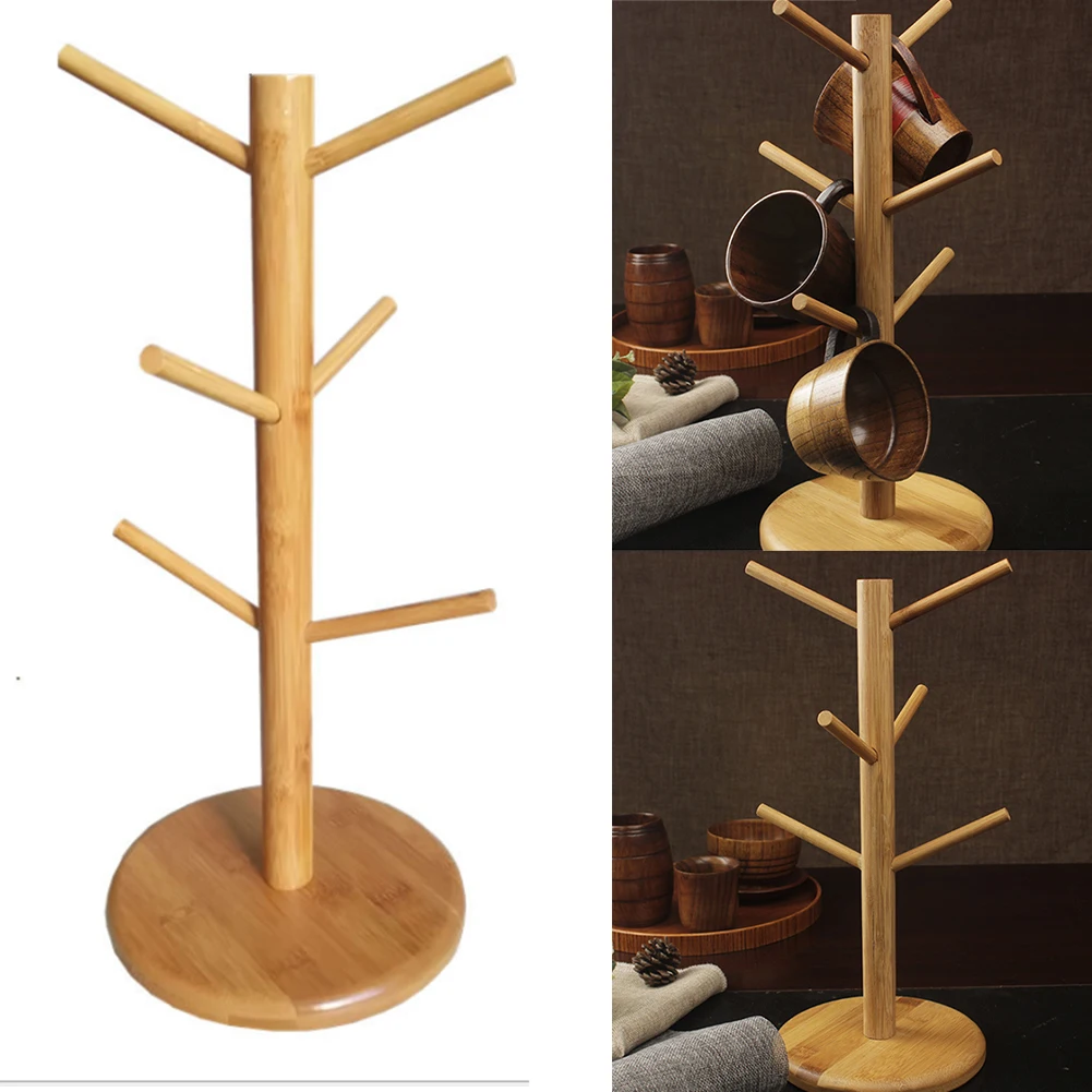 Tea With 6 Hooks Tree Shape Drinkware Shelf Mug Rack Coffee Cup Holder Stand Organizer Storage Wood Kitchen Display |