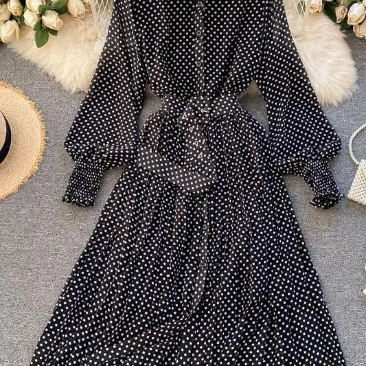 

Women's Dot Print Casual Lantern Sleeve Single Breasted Long Dress Ladies Summer Autumn Office Wear Streetwear Midi Vestidos