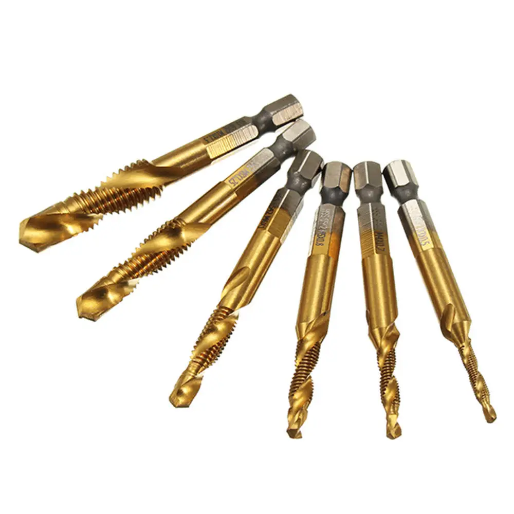 

6 Pcs/set HSS 6542 Titanium Coated Drill Bits Hex Shank Spiral Tap M3-M10