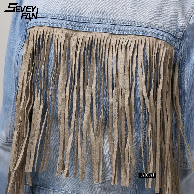 

Women Blue Short Denim Jacket Back Long Tassel Fashion Slim Jeans Jackets Spring Autumn Casual Multi Pocket Cargo Jean Coat New