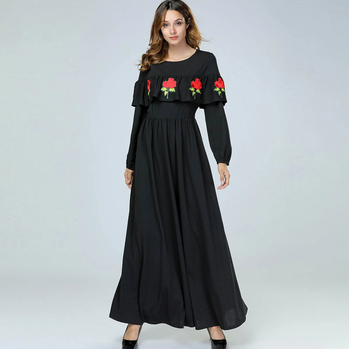 

Винтажное мусульманское платье макси с вышивкой пиратское любопытство, элегантные черные платья с оборками, рукавами-фонариками и подолом,...