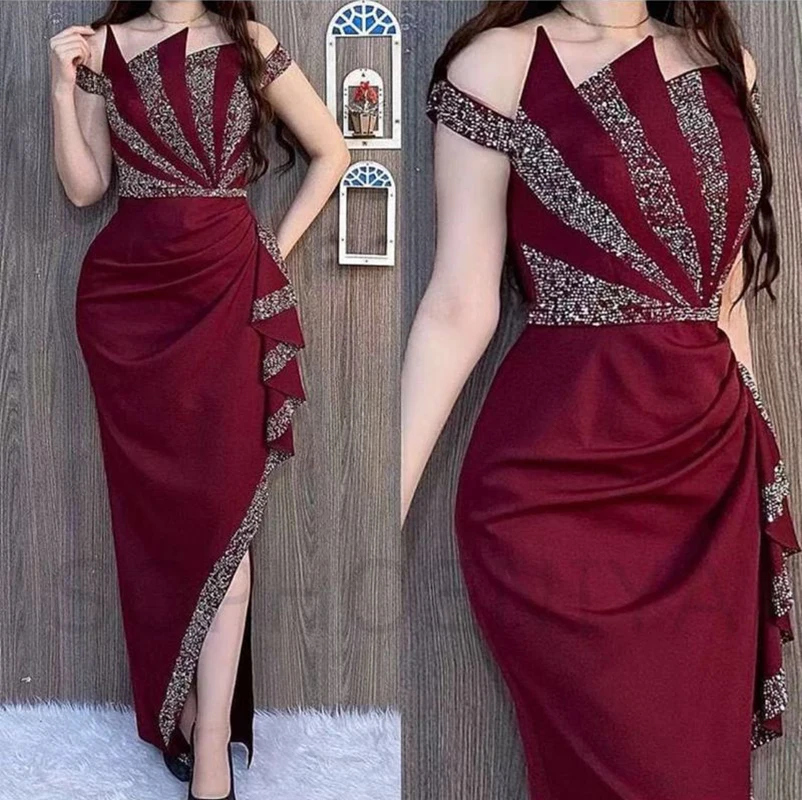 

2021 Burgundy Off the Shoulder Arabic Evening Dresses Crystal Scalloped Beading Caftan dubai Prom Party Gowns vestidos de fiesta