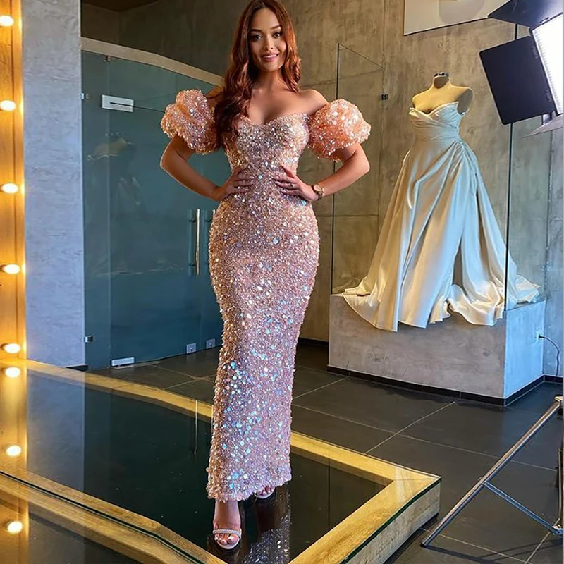 

Sexy Women Sequins Short Puff Sleeve Sexy Off The Shoulder Backless Bodycon Long Dress Evening Party Wrap Hip Package Dress