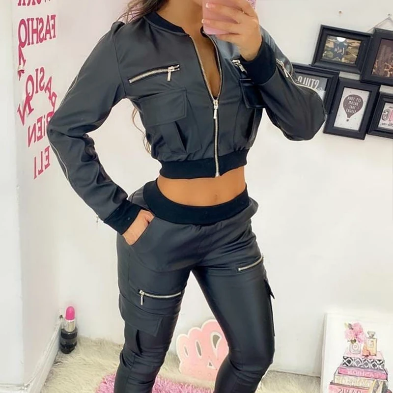

2021 Autumn Women Casual Round Neck Black Shorts Coat Tops Fashion PU Leather Zipper Pocket Design Long Sleeve Jacket