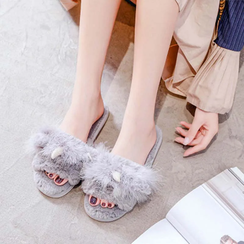 Hot selling handmade plush shoes  hot style one-word cotton slippers for home wear non-slip plush slippers women