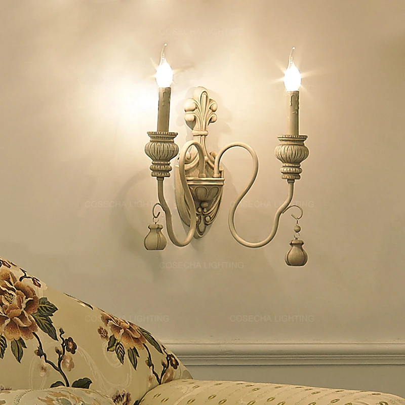 Lámparas de pared Vintage de madera blanca, candelabro de pared retro para dormitorio interior, luces decorativas para pared, decoración de loft