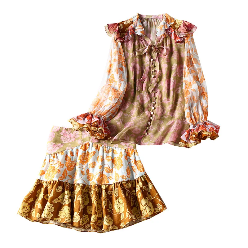 

Spring 2021 long-sleeved skirt set foreign gas shirt thin silk yellow fashion temperament commuter print women's wear