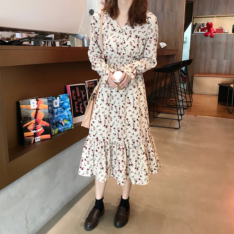 Весенне-летнее корейское платье женское Цветочное с длинным рукавом размера