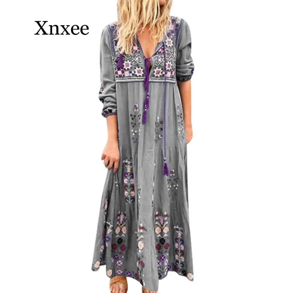 Платье Макси женское с V образным вырезом длинным рукавом и цветочным