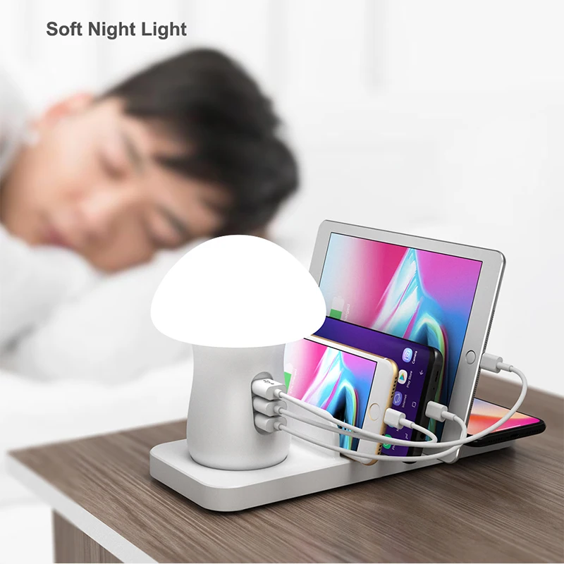 Mushroom LED Light Multi Port 40W USB Charging Station Dock QC 3.0 Quick Charge USB Wireless Charger for iPhone for Samsung